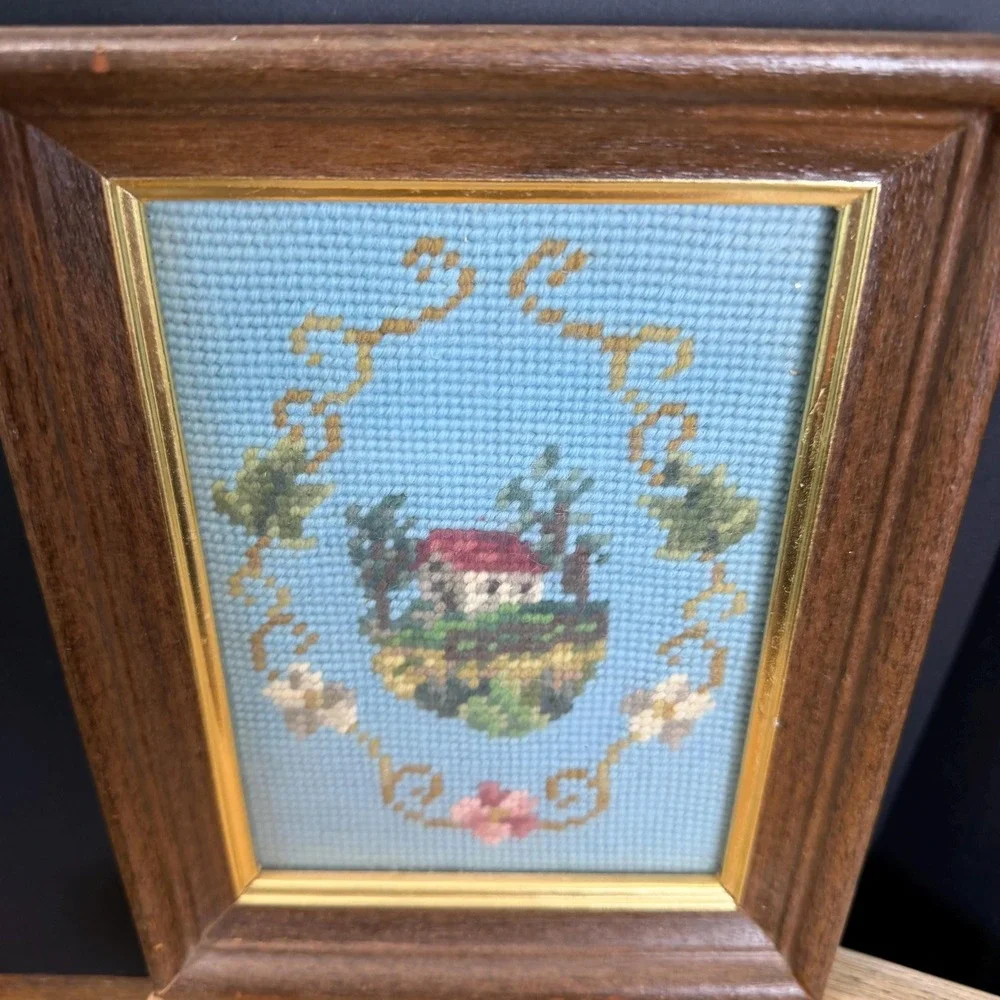 Framed Needlepoint Cottage Landscape Art Handmade Vintage Picture Blue Floral